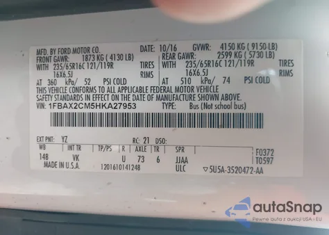 2017 Ford Transit T-350 z USA, uszkodzony, nr VIN 1FBAX2CM5HKA27953